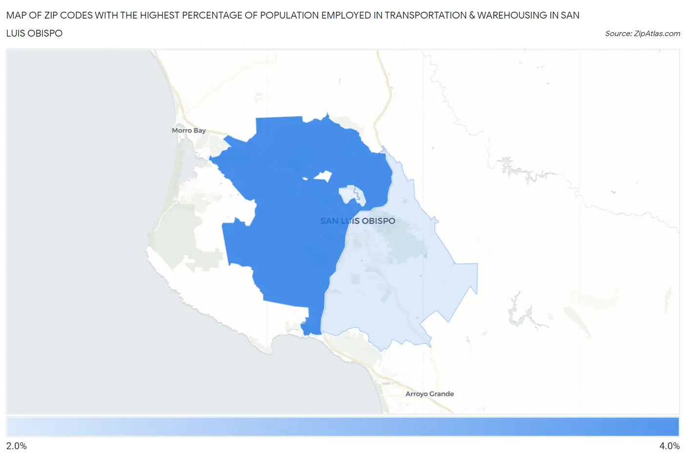 Zip Codes with the Highest Percentage of Population Employed in Transportation & Warehousing in San Luis Obispo Map