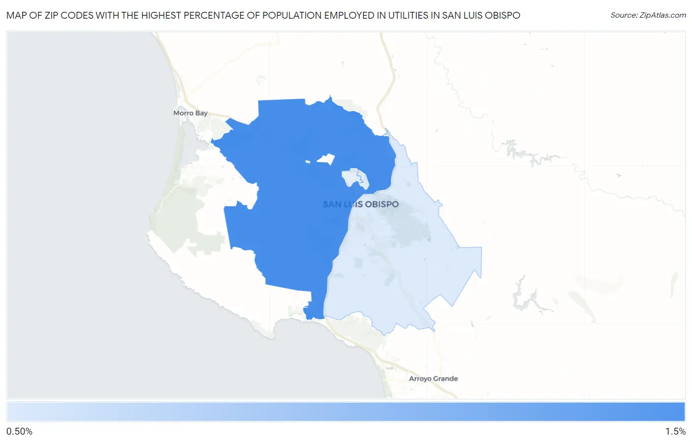 Zip Codes with the Highest Percentage of Population Employed in Utilities in San Luis Obispo Map