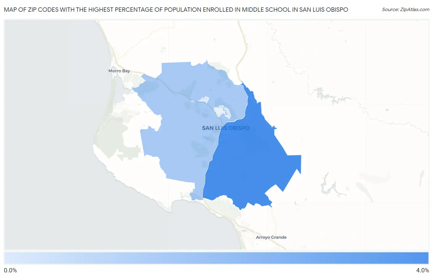 Zip Codes with the Highest Percentage of Population Enrolled in Middle School in San Luis Obispo Map