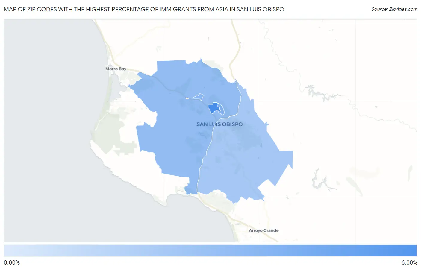 Zip Codes with the Highest Percentage of Immigrants from Asia in San Luis Obispo Map