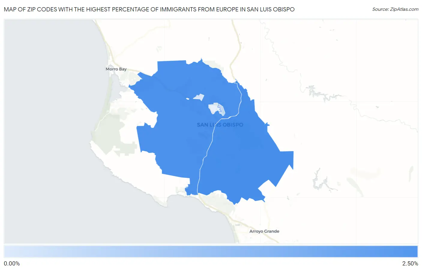 Zip Codes with the Highest Percentage of Immigrants from Europe in San Luis Obispo Map