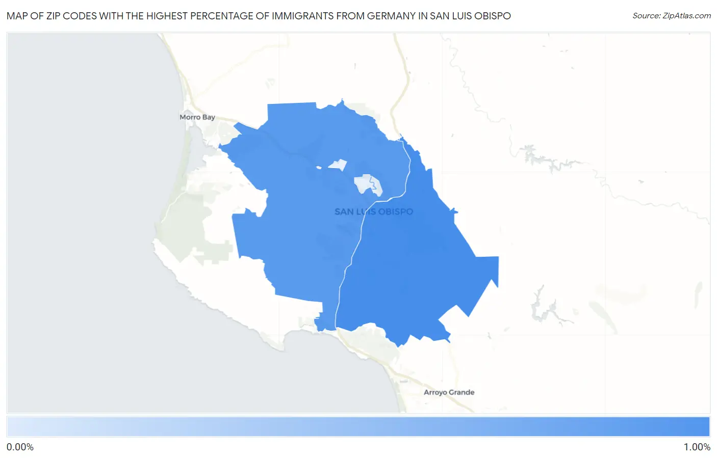 Zip Codes with the Highest Percentage of Immigrants from Germany in San Luis Obispo Map