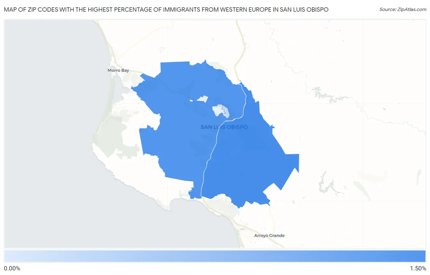 Zip Codes with the Highest Percentage of Immigrants from Western Europe in San Luis Obispo Map