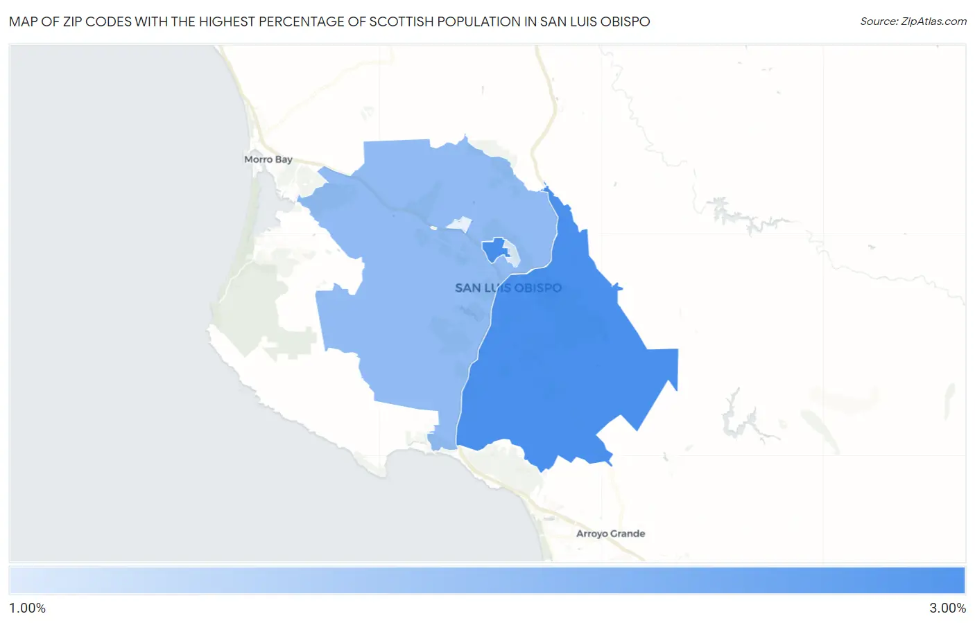 Zip Codes with the Highest Percentage of Scottish Population in San Luis Obispo Map