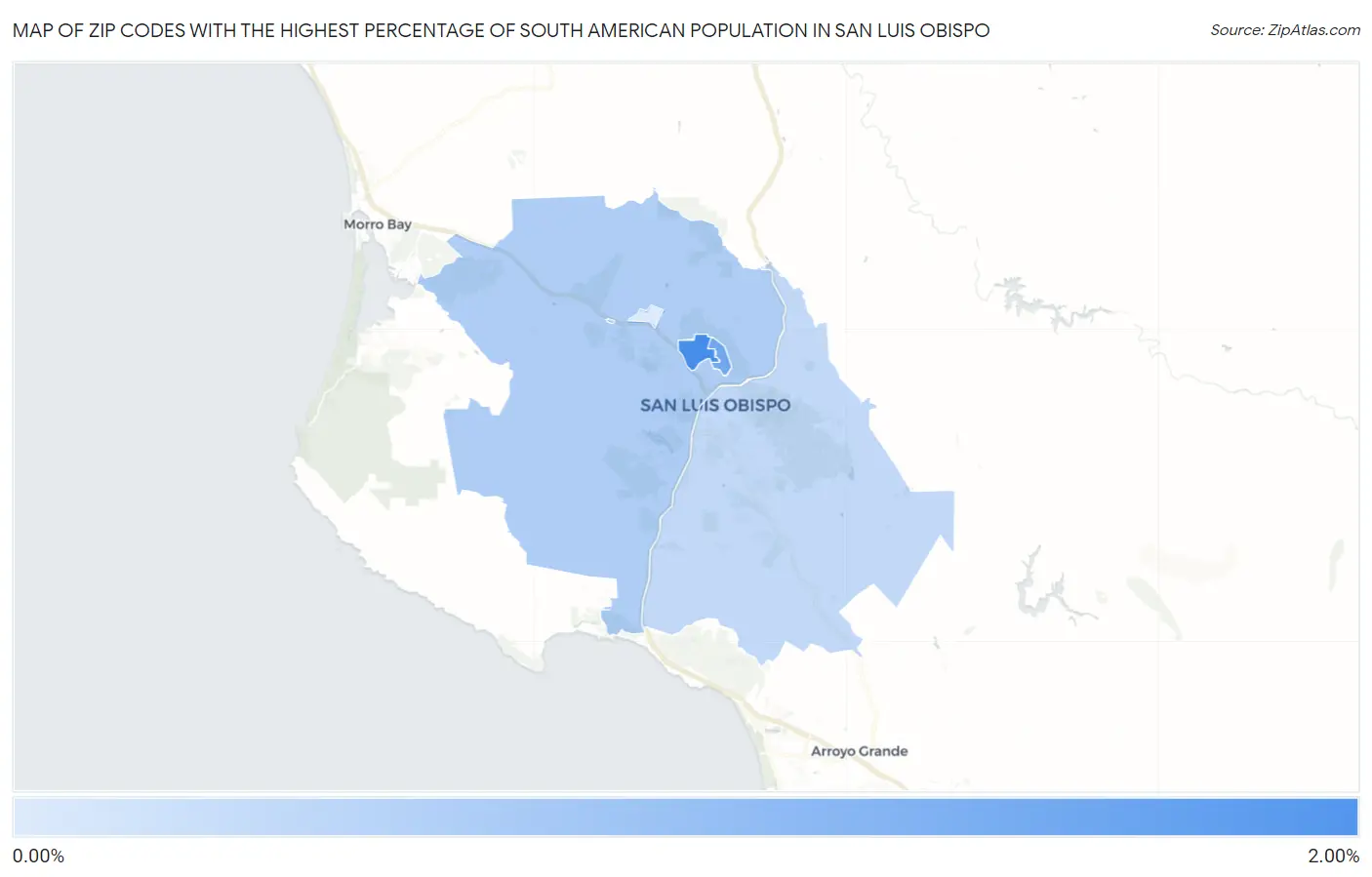 Zip Codes with the Highest Percentage of South American Population in San Luis Obispo Map