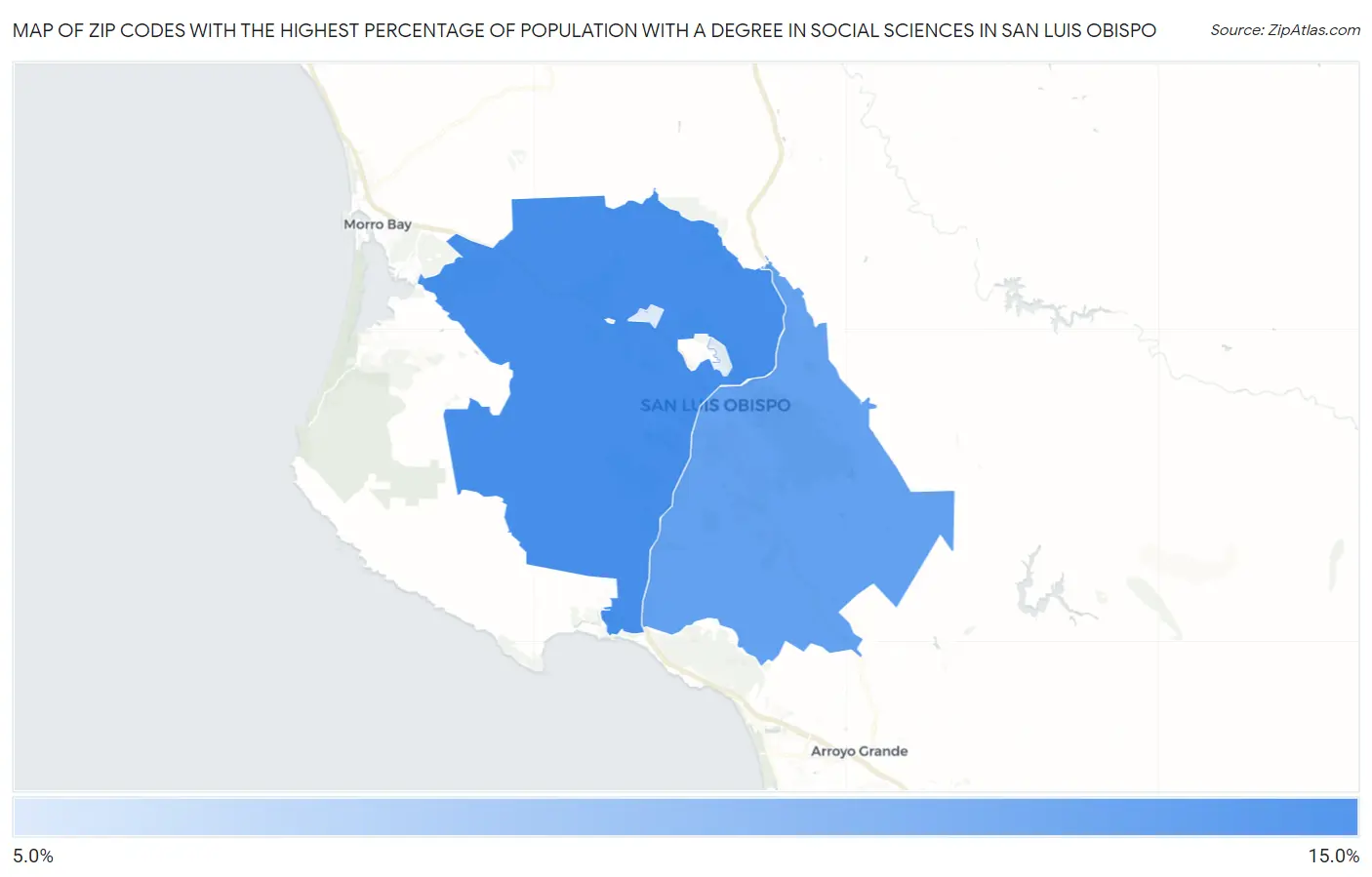Zip Codes with the Highest Percentage of Population with a Degree in Social Sciences in San Luis Obispo Map
