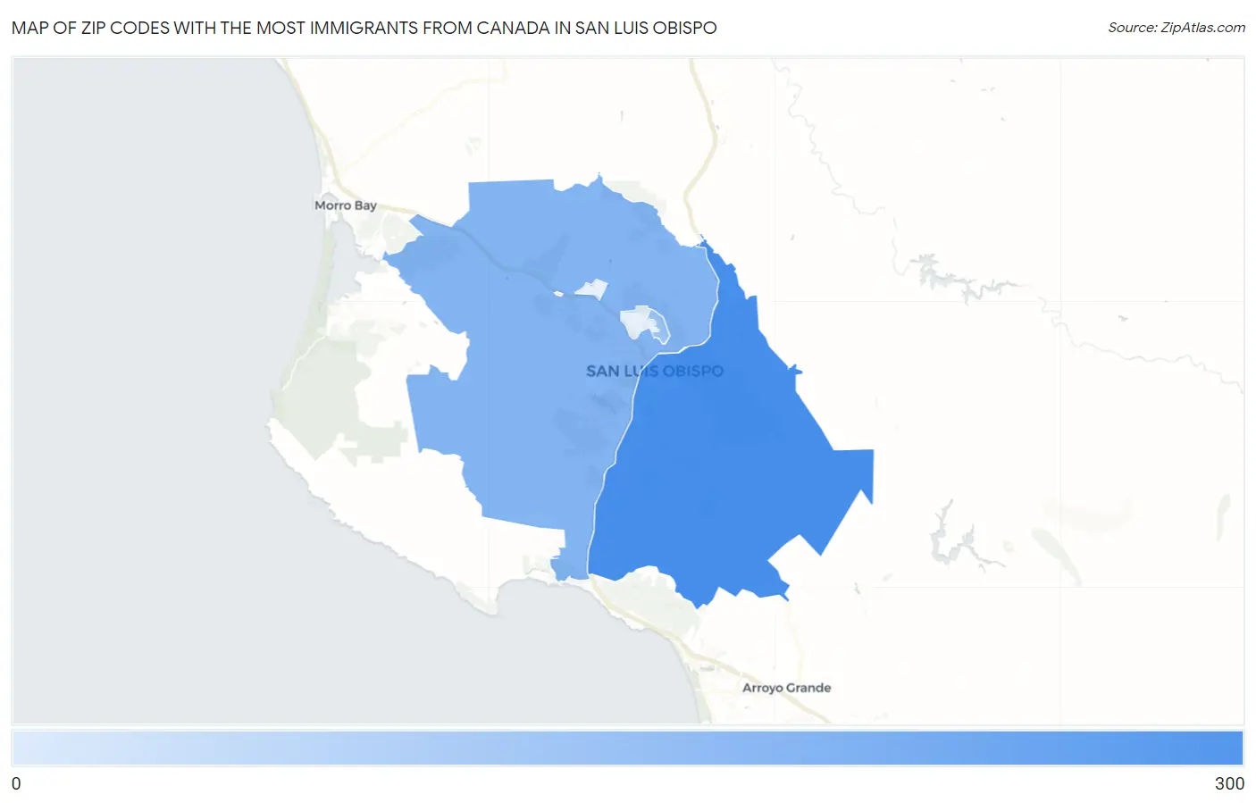 Zip Codes with the Most Immigrants from Canada in San Luis Obispo Map