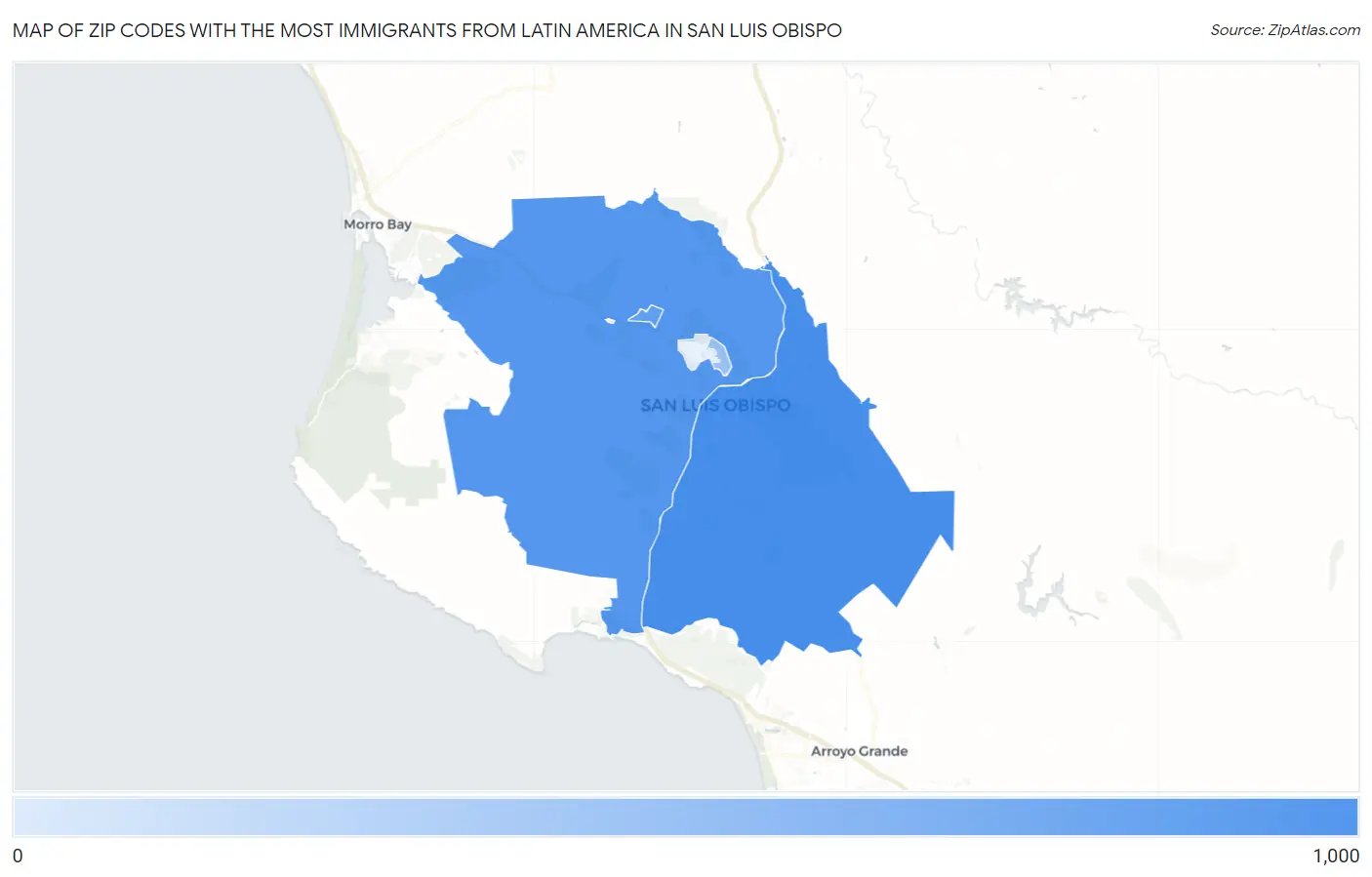 Zip Codes with the Most Immigrants from Latin America in San Luis Obispo Map
