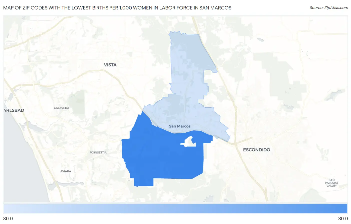 Zip Codes with the Lowest Births per 1,000 Women in Labor Force in San Marcos Map