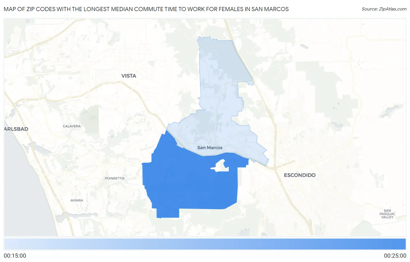 Zip Codes with the Longest Median Commute Time to Work for Females in San Marcos Map
