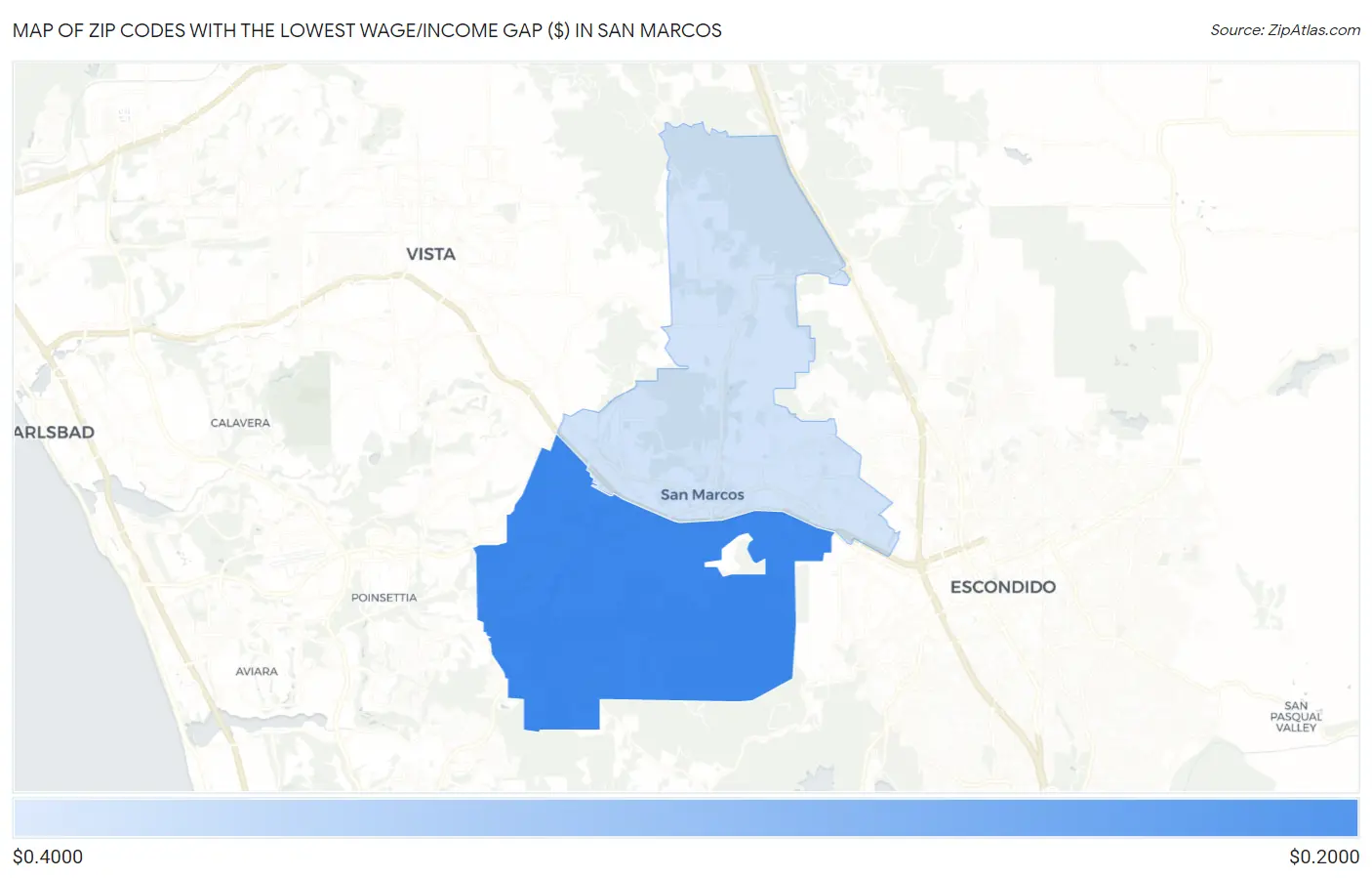 Zip Codes with the Lowest Wage/Income Gap ($) in San Marcos Map