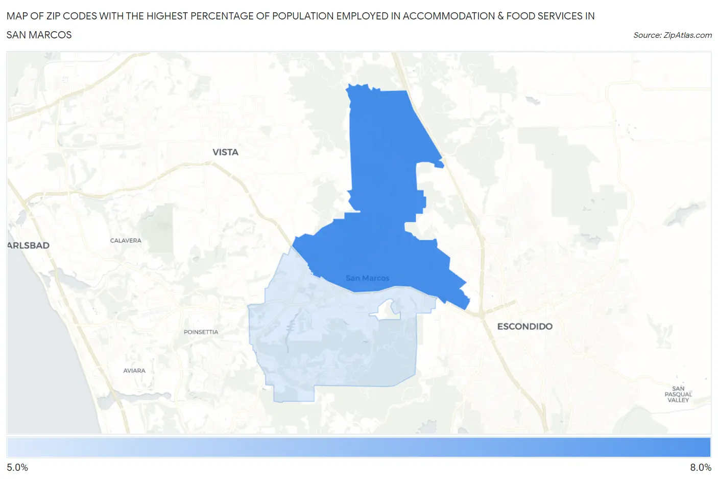 Zip Codes with the Highest Percentage of Population Employed in Accommodation & Food Services in San Marcos Map
