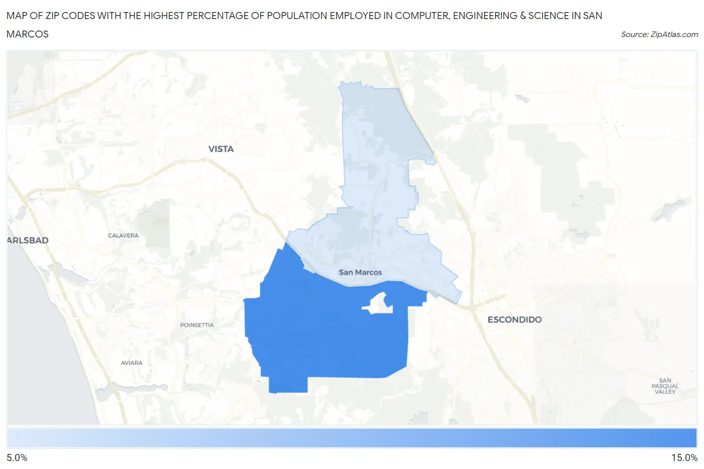 Zip Codes with the Highest Percentage of Population Employed in Computer, Engineering & Science in San Marcos Map