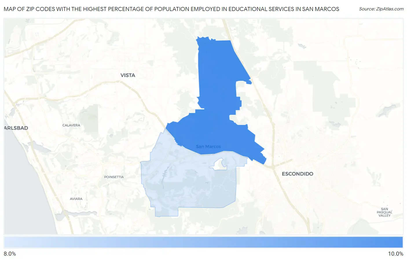 Zip Codes with the Highest Percentage of Population Employed in Educational Services in San Marcos Map