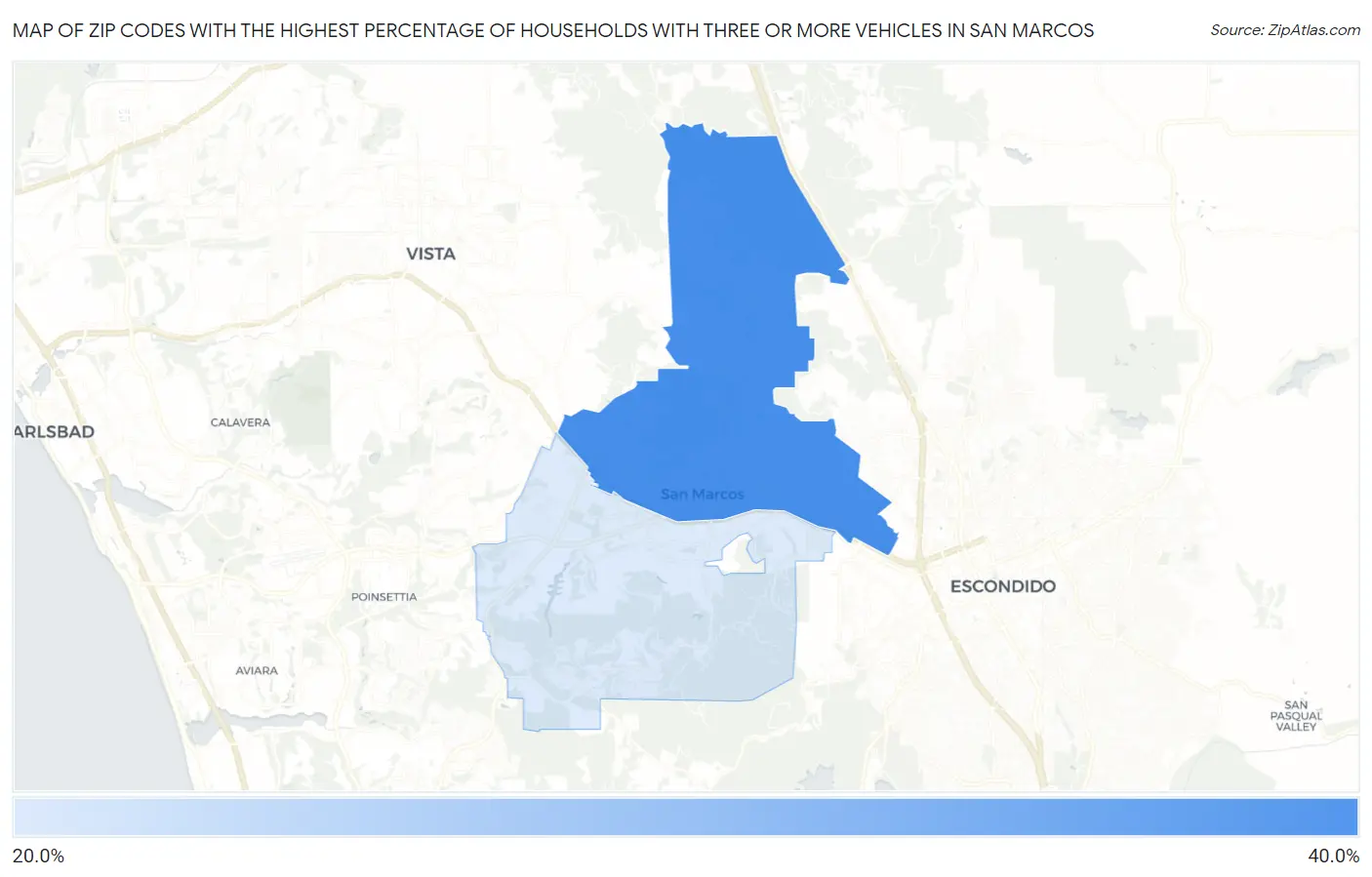 Zip Codes with the Highest Percentage of Households With Three or more Vehicles in San Marcos Map