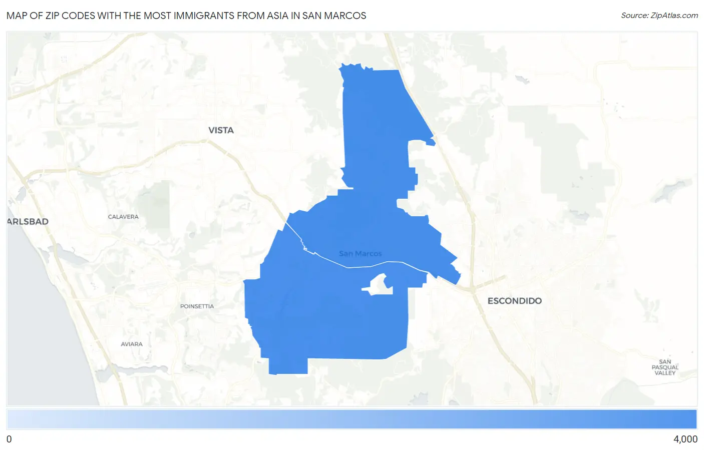 Zip Codes with the Most Immigrants from Asia in San Marcos Map
