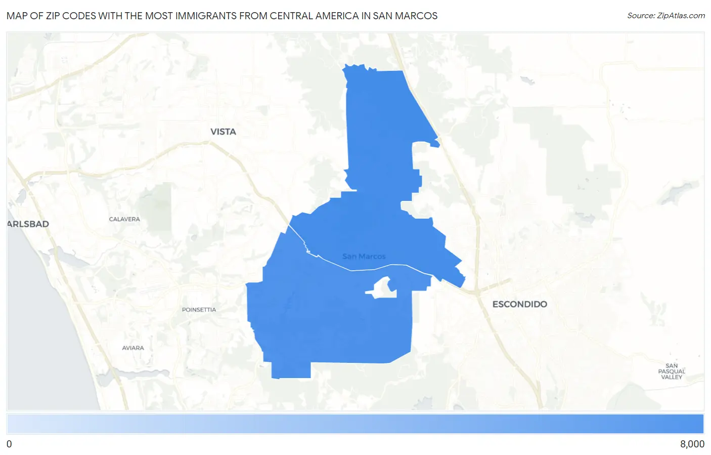 Zip Codes with the Most Immigrants from Central America in San Marcos Map