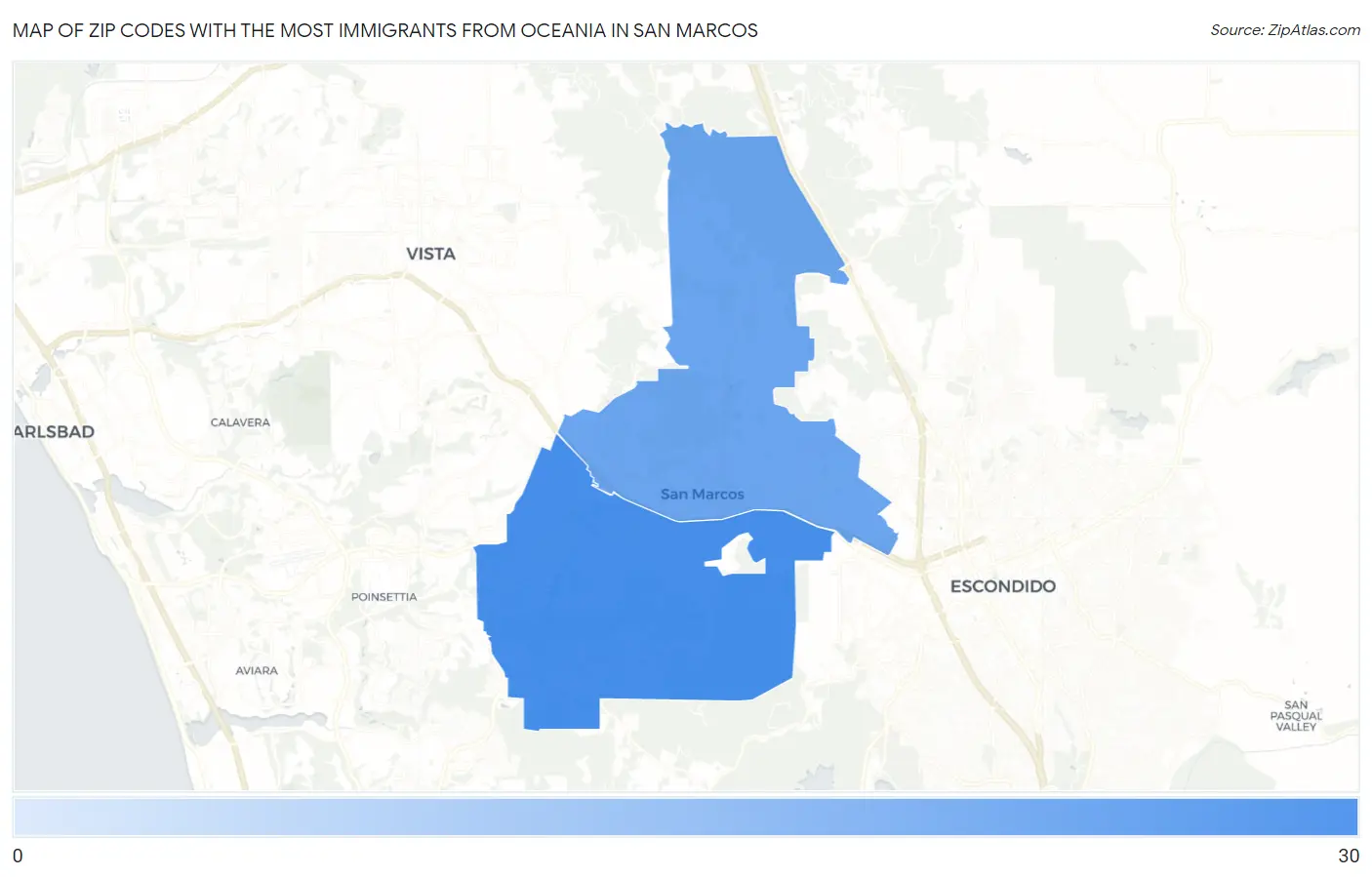 Zip Codes with the Most Immigrants from Oceania in San Marcos Map