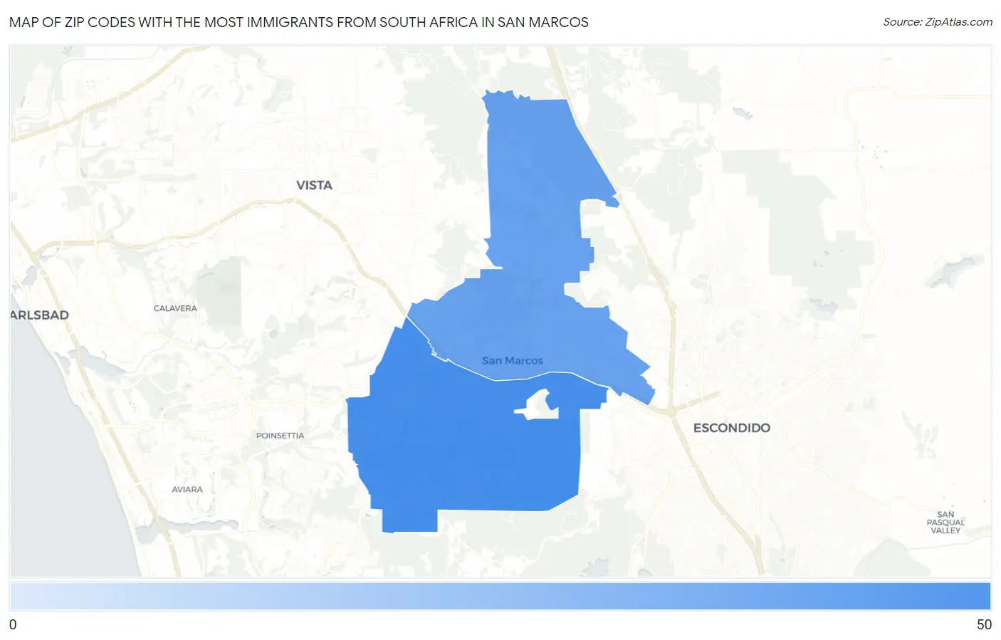 Zip Codes with the Most Immigrants from South Africa in San Marcos Map