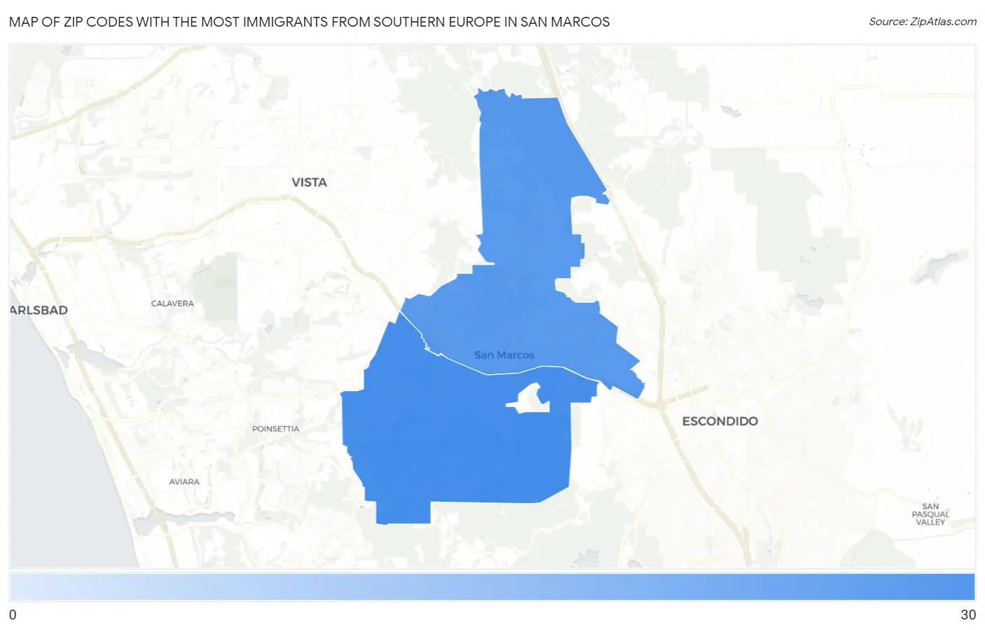 Zip Codes with the Most Immigrants from Southern Europe in San Marcos Map