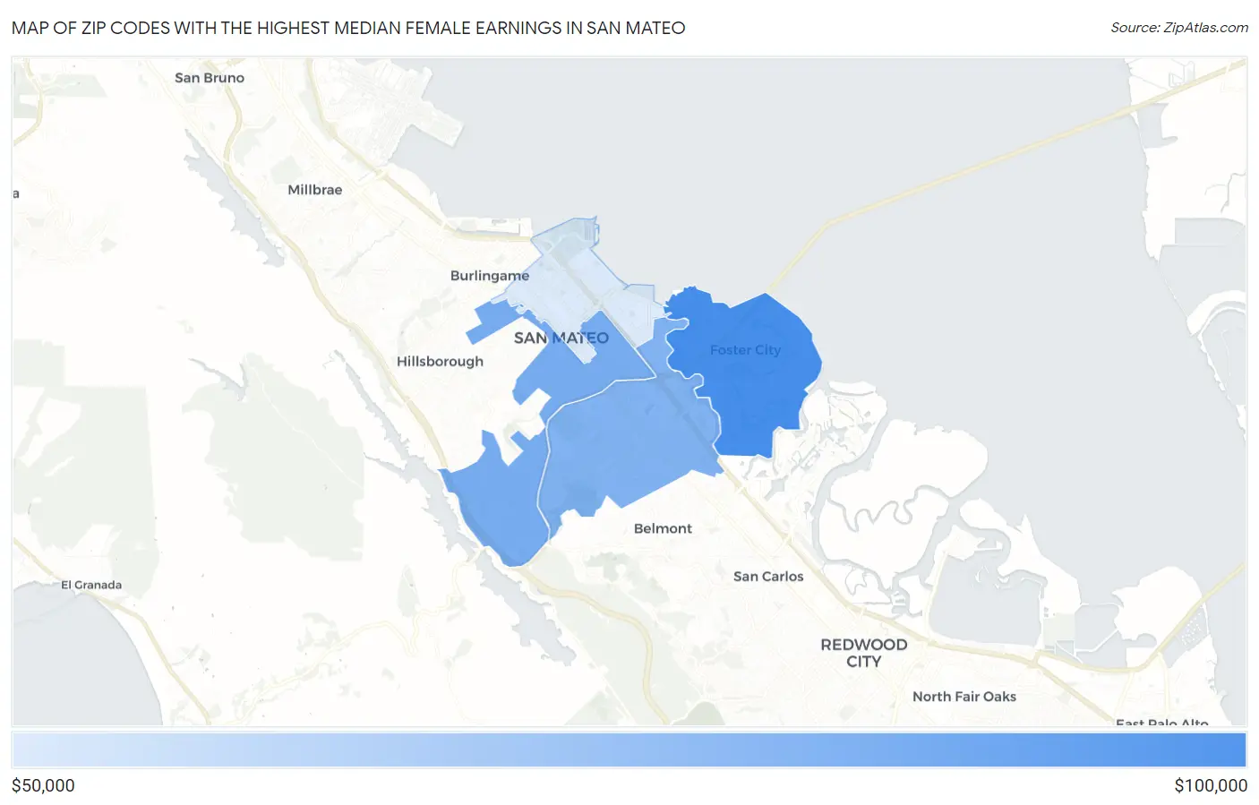 Zip Codes with the Highest Median Female Earnings in San Mateo Map