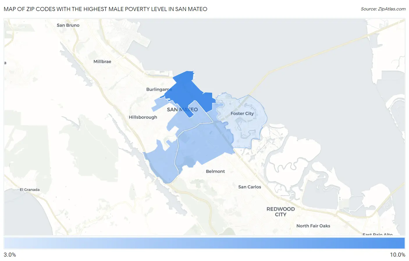 Zip Codes with the Highest Male Poverty Level in San Mateo Map
