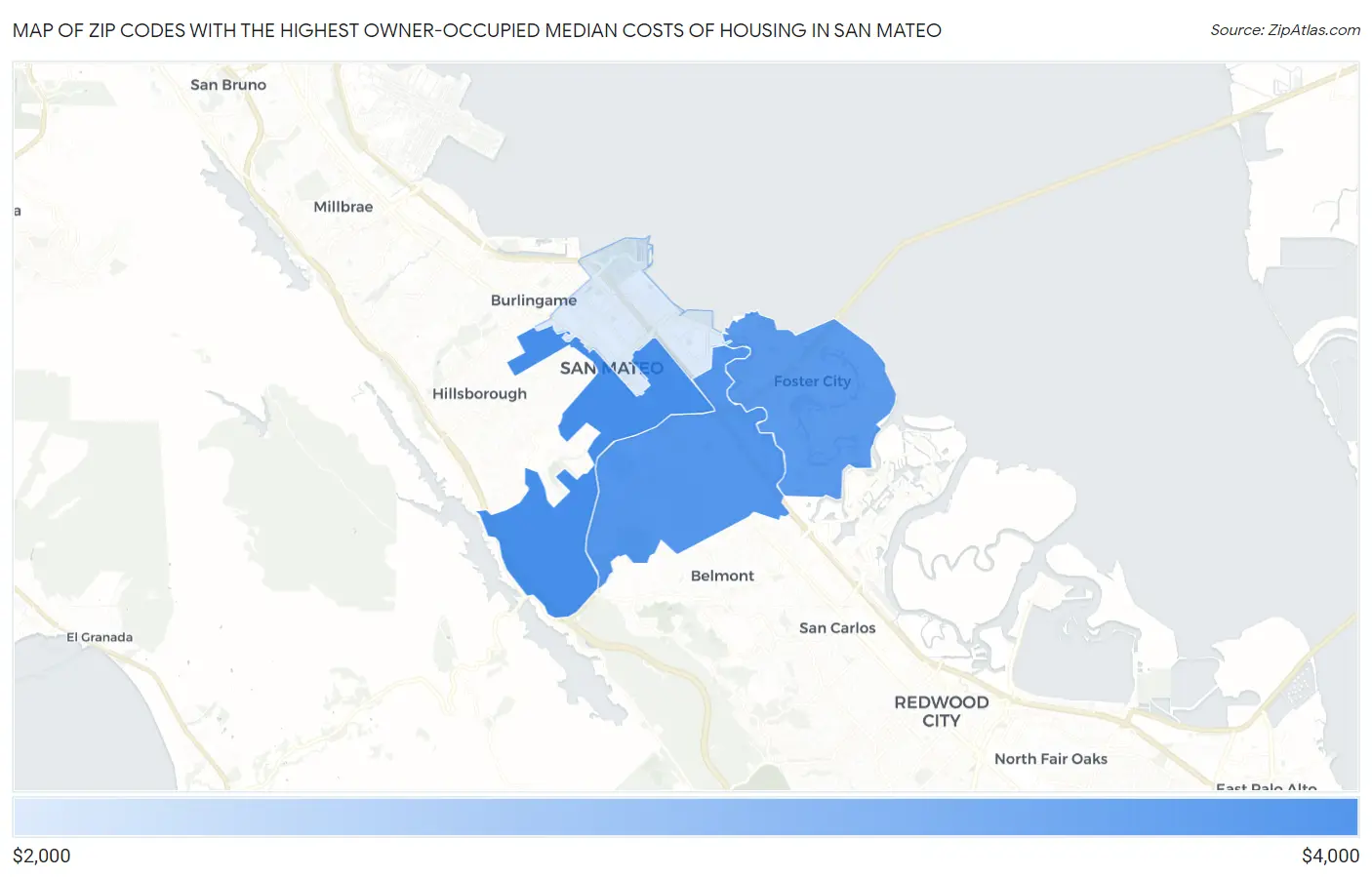 Zip Codes with the Highest Owner-Occupied Median Costs of Housing in San Mateo Map