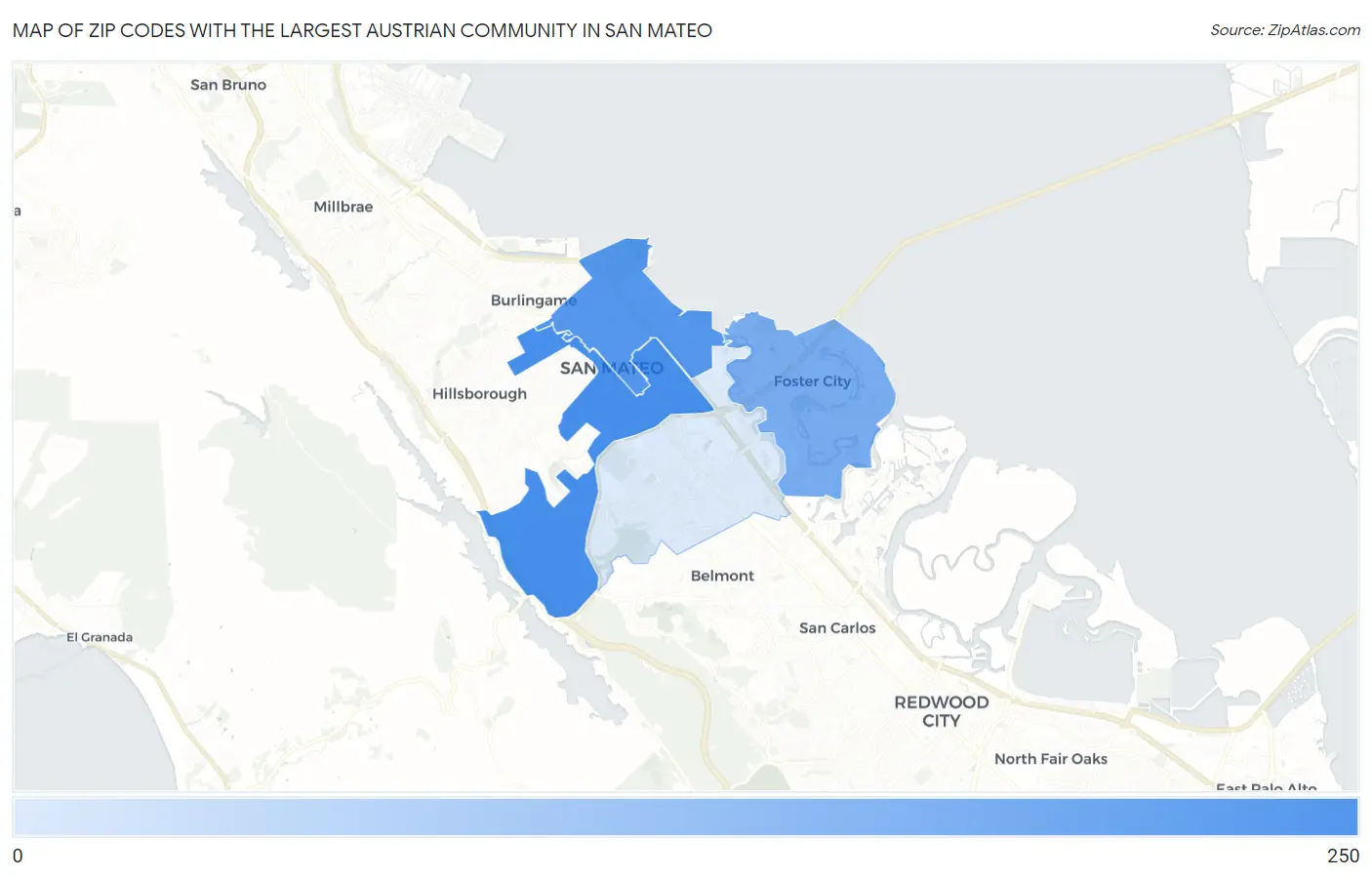 Zip Codes with the Largest Austrian Community in San Mateo Map