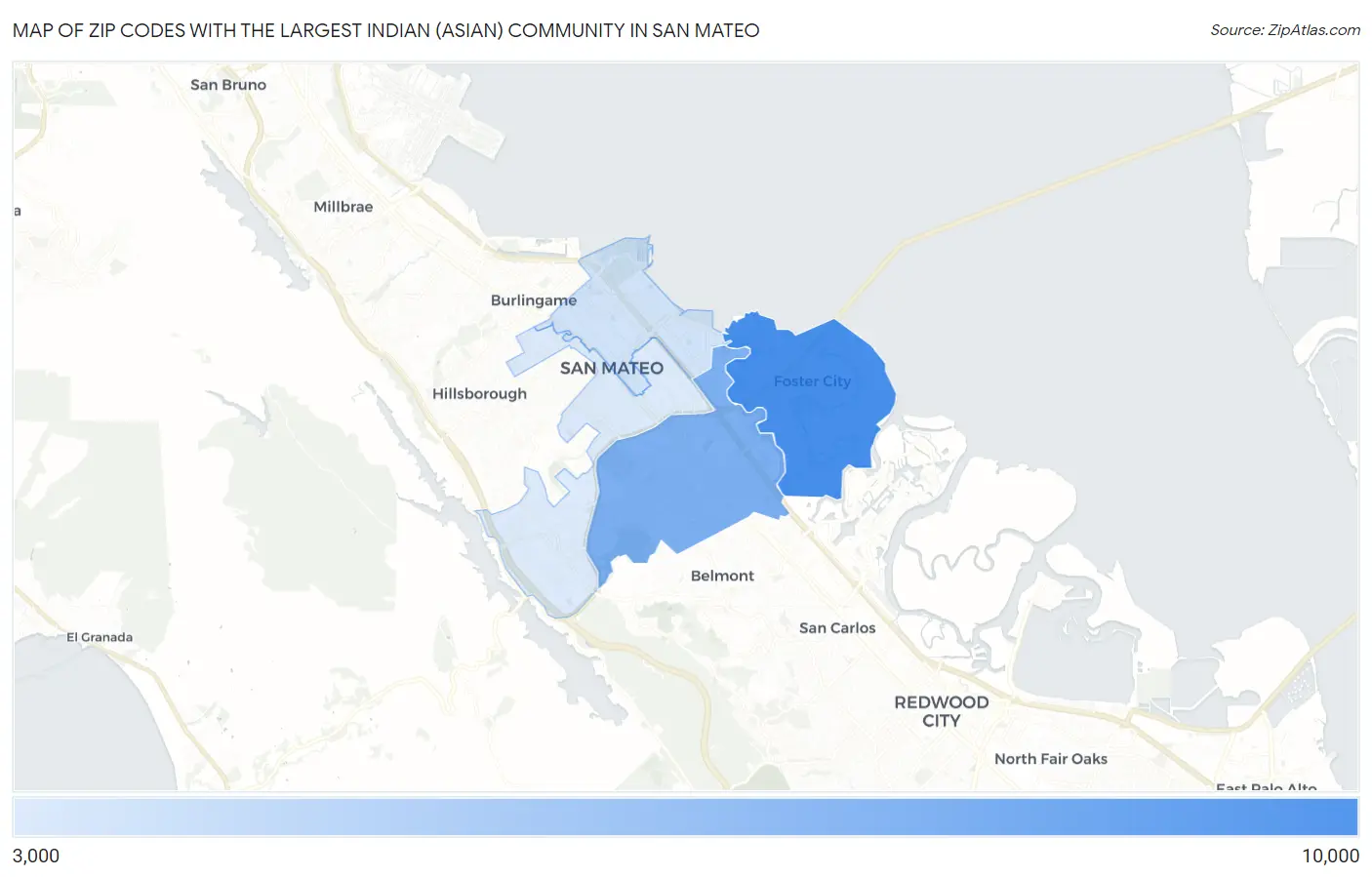 Zip Codes with the Largest Indian (Asian) Community in San Mateo Map