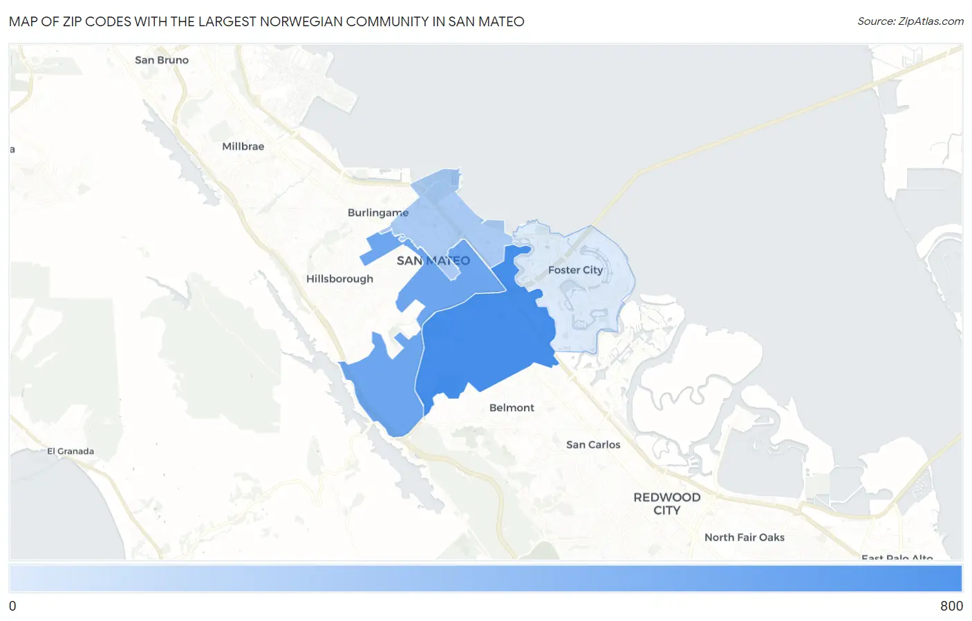 Zip Codes with the Largest Norwegian Community in San Mateo Map