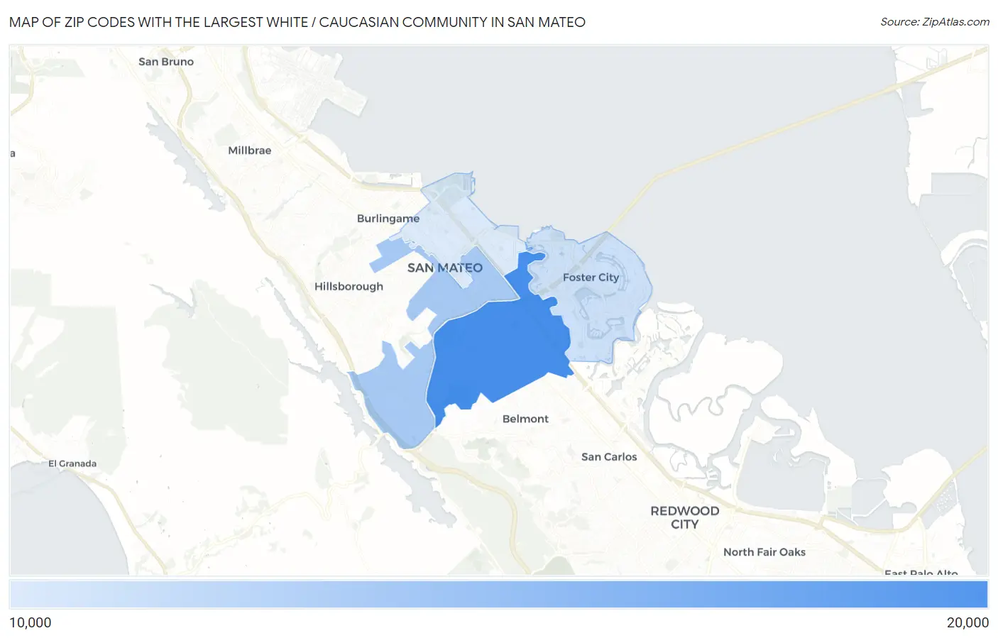 Zip Codes with the Largest White / Caucasian Community in San Mateo Map
