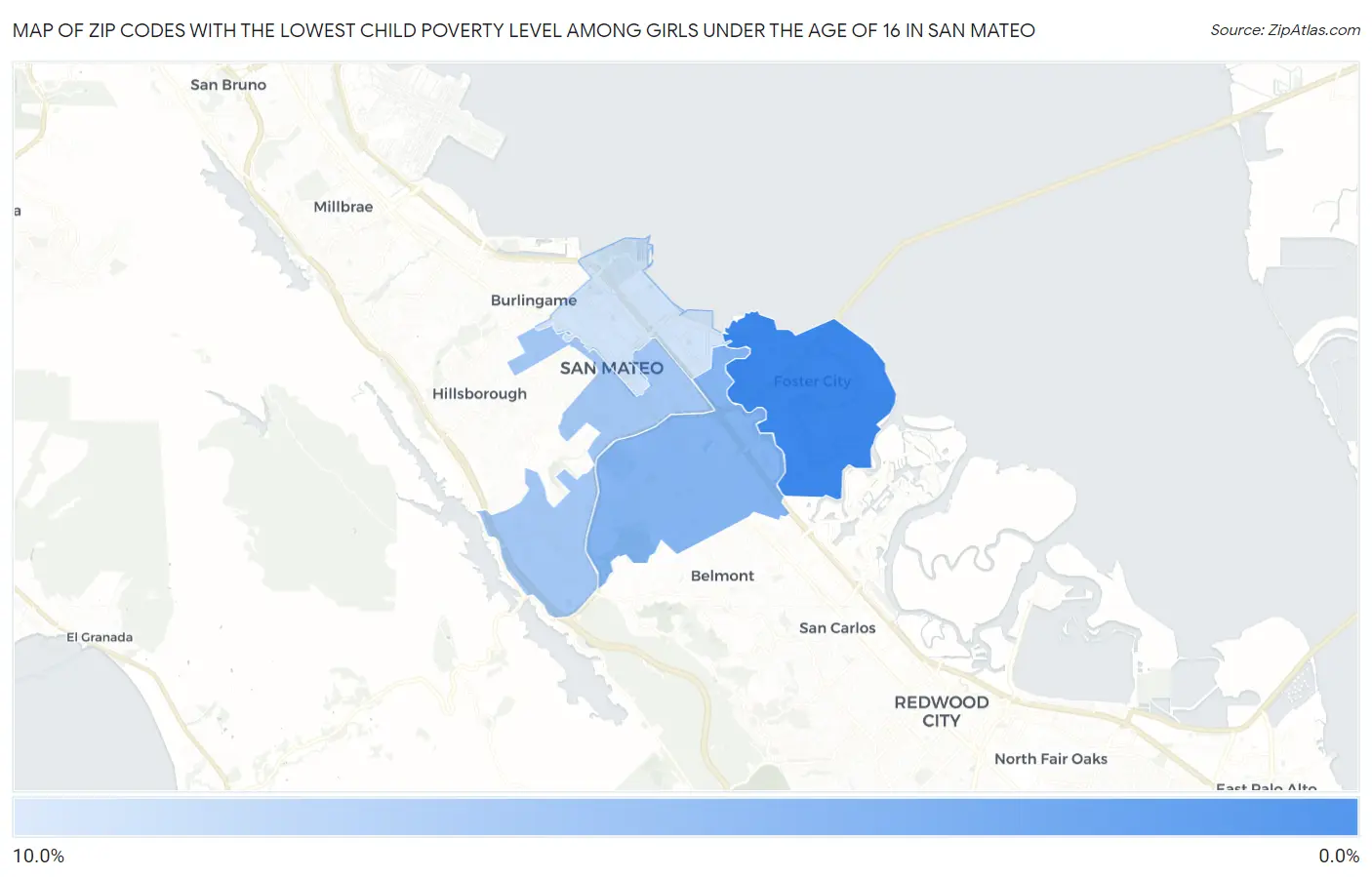 Zip Codes with the Lowest Child Poverty Level Among Girls Under the Age of 16 in San Mateo Map