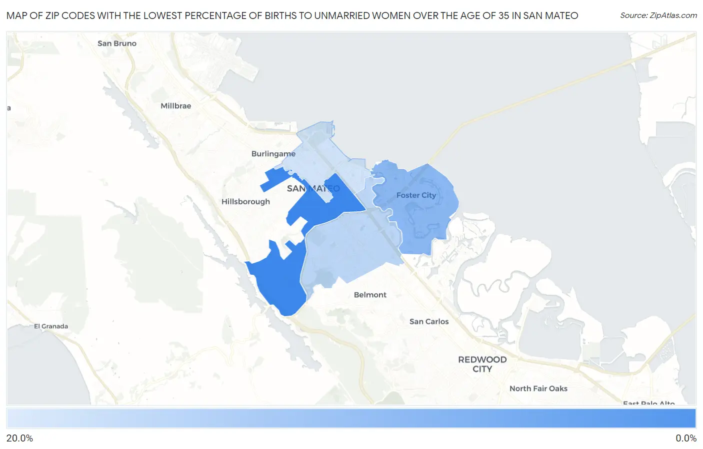 Zip Codes with the Lowest Percentage of Births to Unmarried Women over the Age of 35 in San Mateo Map