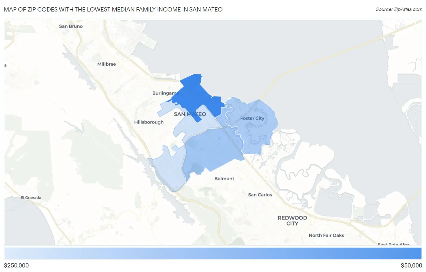 Zip Codes with the Lowest Median Family Income in San Mateo Map