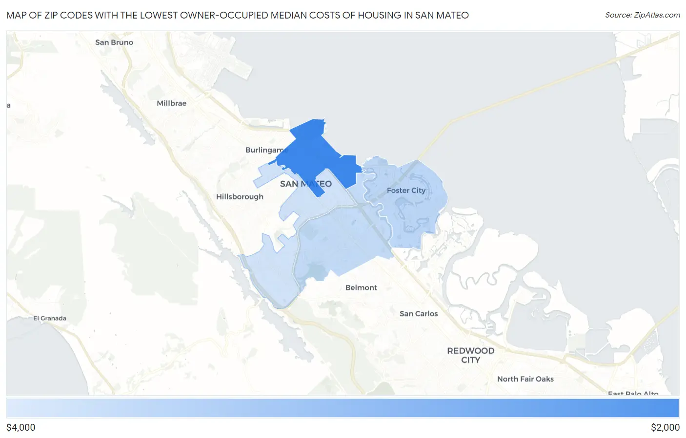Zip Codes with the Lowest Owner-Occupied Median Costs of Housing in San Mateo Map