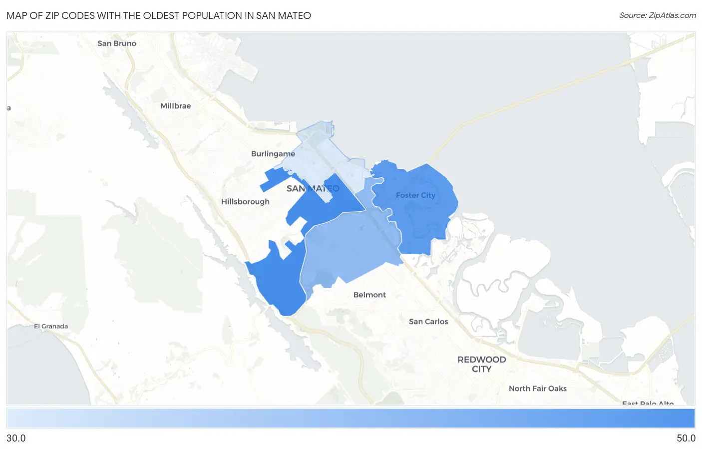 Zip Codes with the Oldest Population in San Mateo Map