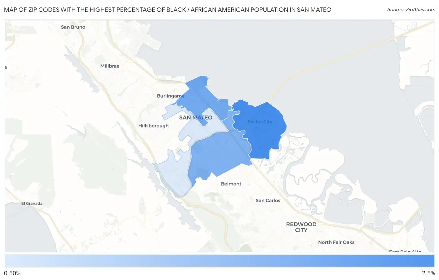 Zip Codes with the Highest Percentage of Black / African American Population in San Mateo Map