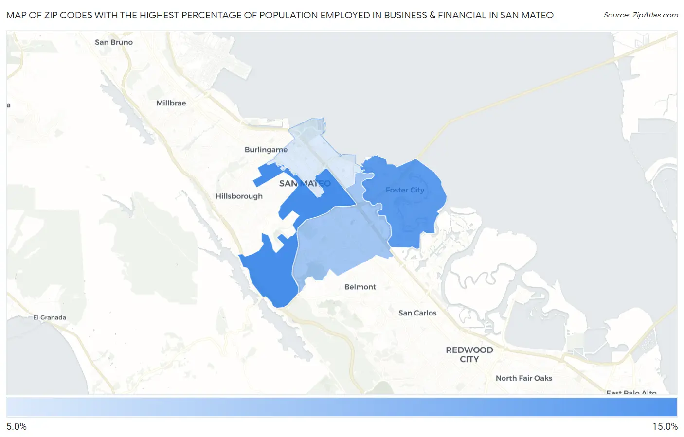 Zip Codes with the Highest Percentage of Population Employed in Business & Financial in San Mateo Map