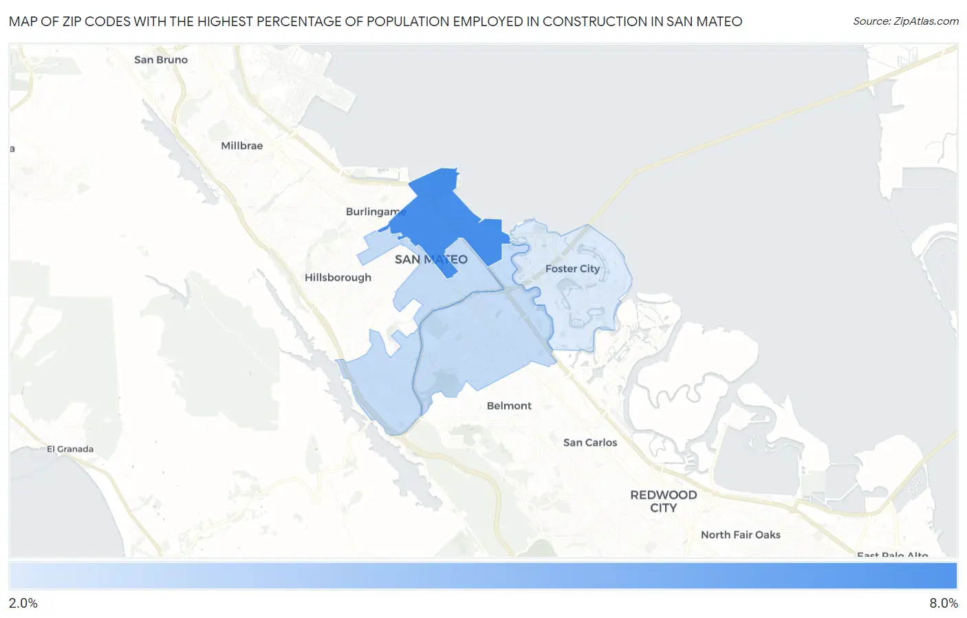 Zip Codes with the Highest Percentage of Population Employed in Construction in San Mateo Map
