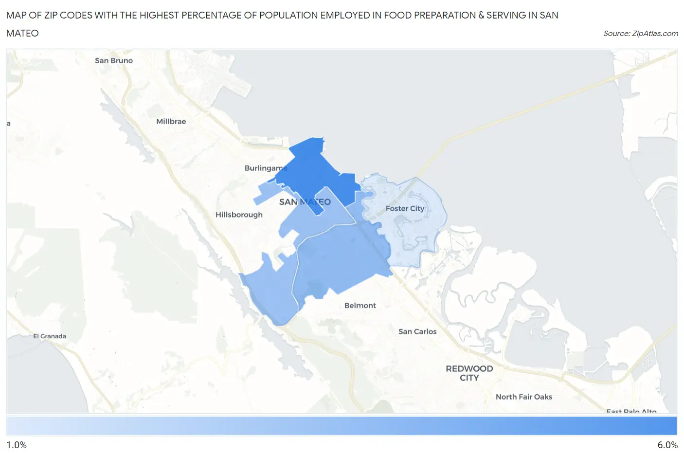 Zip Codes with the Highest Percentage of Population Employed in Food Preparation & Serving in San Mateo Map