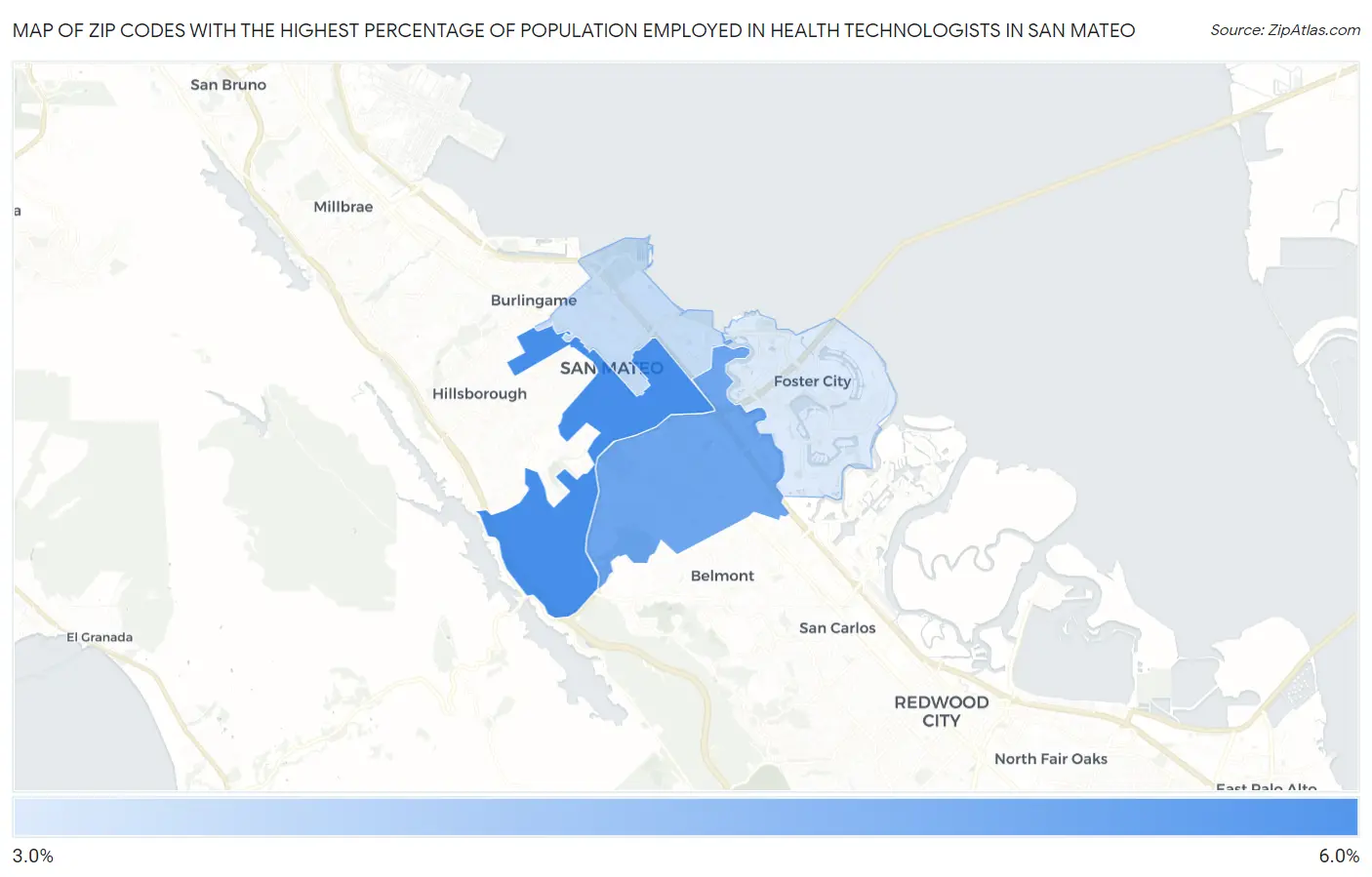 Zip Codes with the Highest Percentage of Population Employed in Health Technologists in San Mateo Map