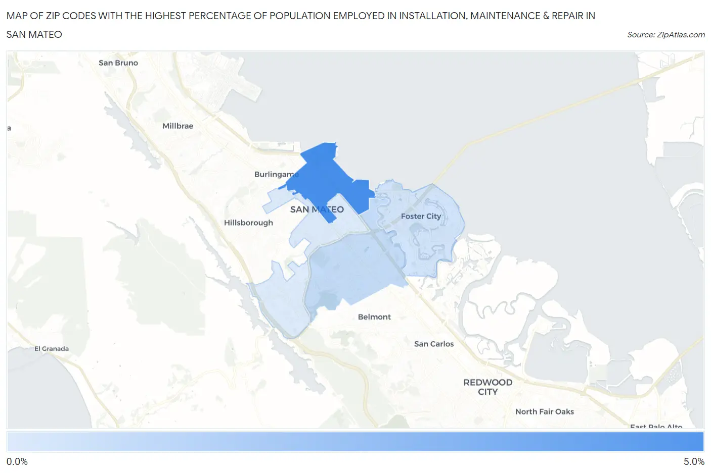 Zip Codes with the Highest Percentage of Population Employed in Installation, Maintenance & Repair in San Mateo Map
