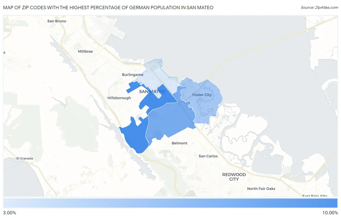 Zip Codes with the Highest Percentage of German Population in San Mateo Map