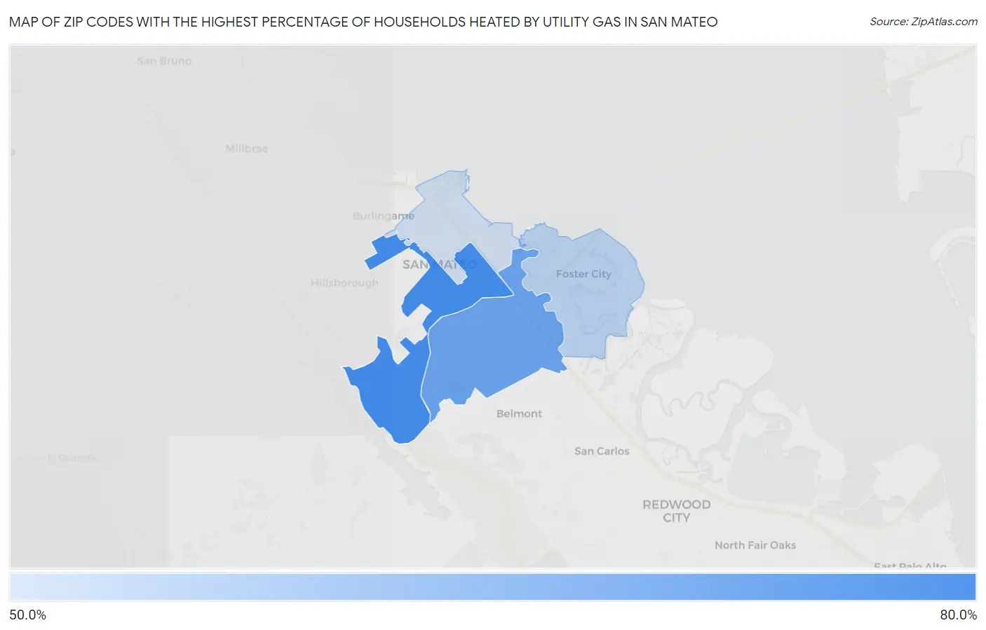 Zip Codes with the Highest Percentage of Households Heated by Utility Gas in San Mateo Map