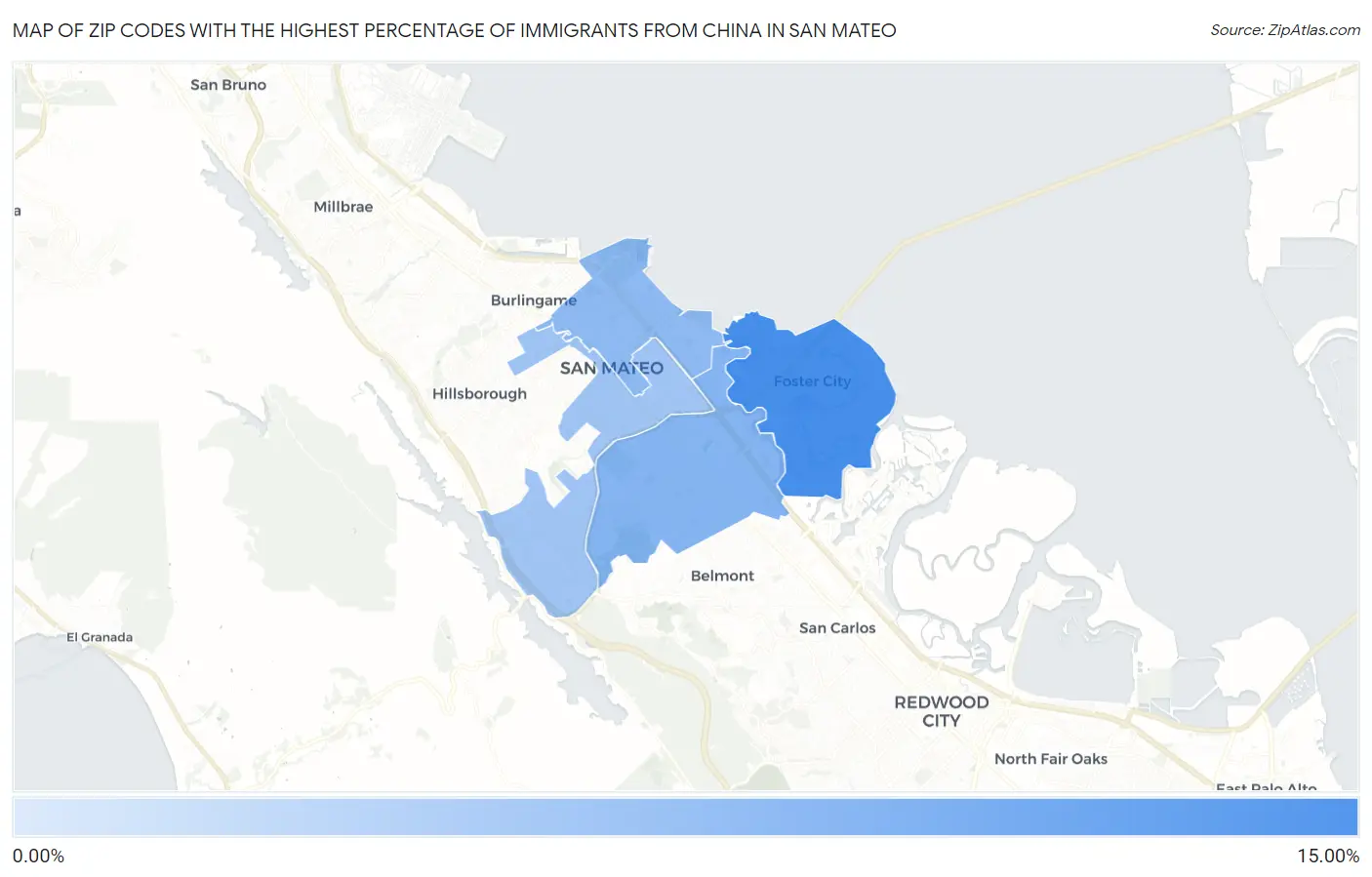Zip Codes with the Highest Percentage of Immigrants from China in San Mateo Map