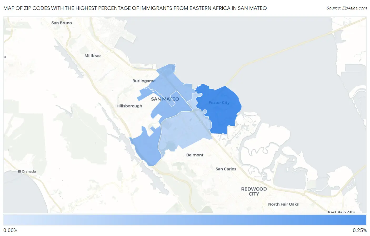 Zip Codes with the Highest Percentage of Immigrants from Eastern Africa in San Mateo Map
