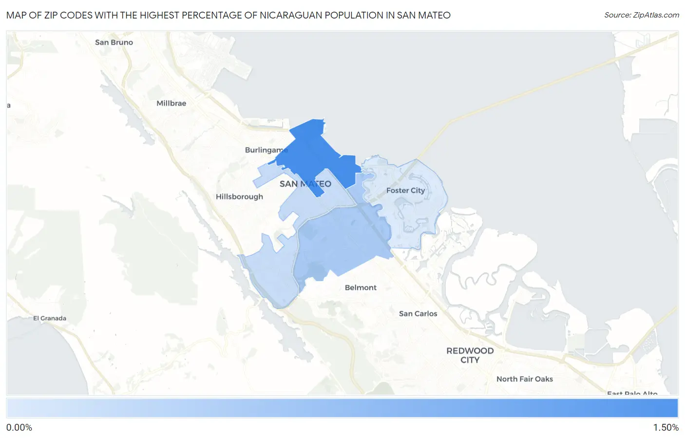 Zip Codes with the Highest Percentage of Nicaraguan Population in San Mateo Map