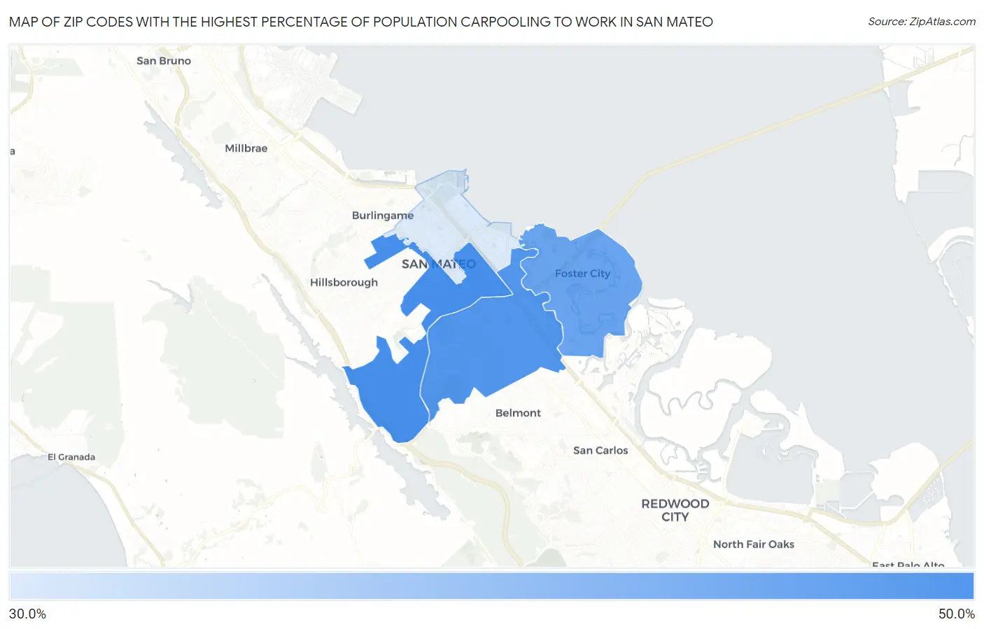 Zip Codes with the Highest Percentage of Population Carpooling to Work in San Mateo Map