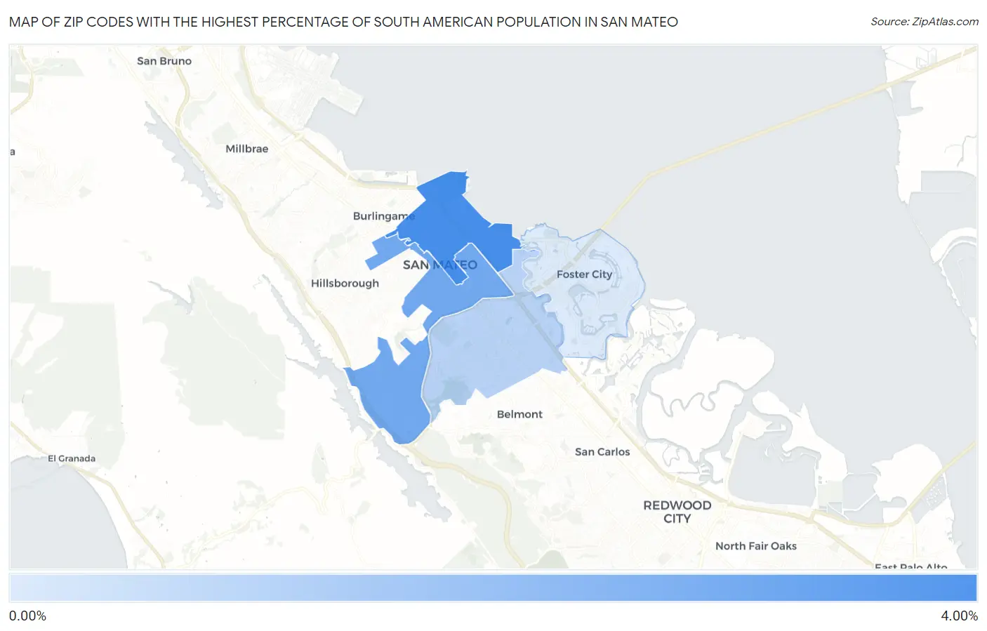 Zip Codes with the Highest Percentage of South American Population in San Mateo Map