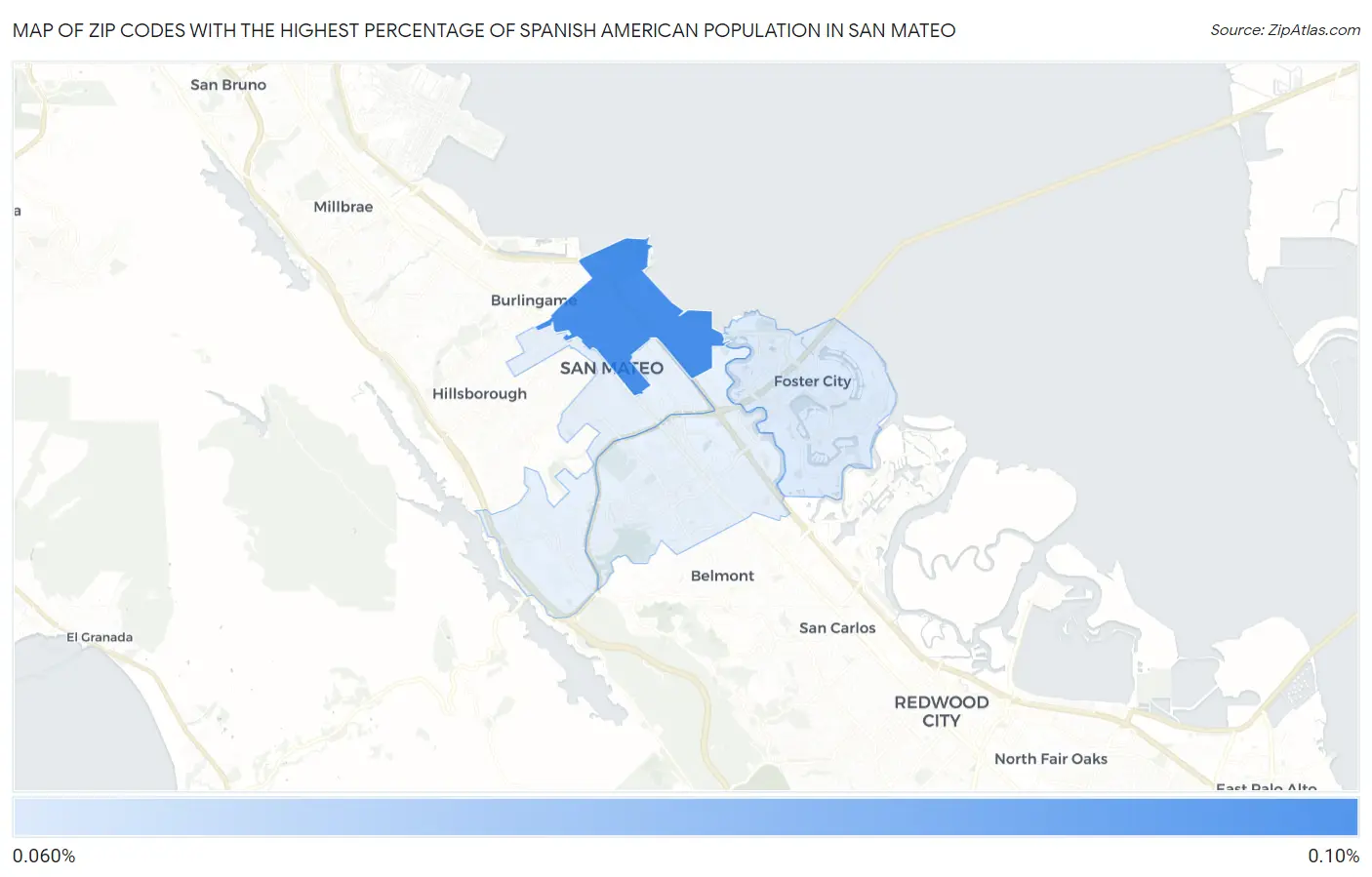 Zip Codes with the Highest Percentage of Spanish American Population in San Mateo Map